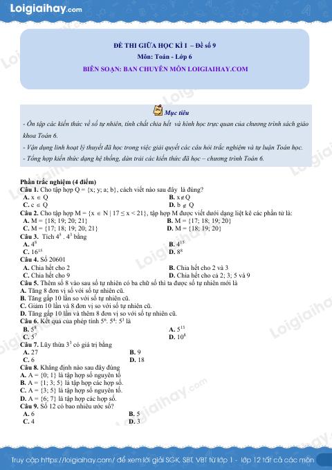 Đề thi giữa kì 1 Toán 6 - Đề số 9